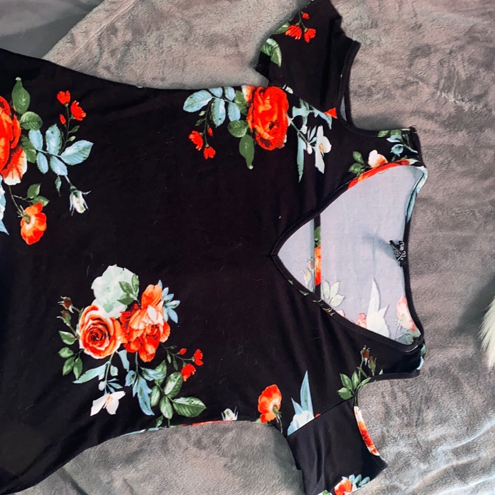 off the shoulder floral print shirt